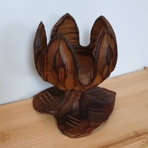 Carved Wood Candleholder light weight wood Lotus Flower Tiki Boho MCM